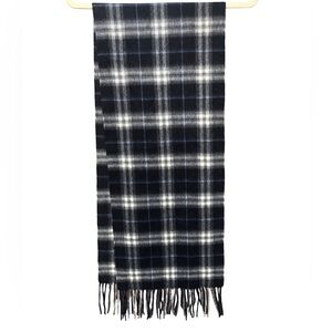 Enzo Mantovani 100% Cashmere Scarf Black White and Blue Plaid With Fringe